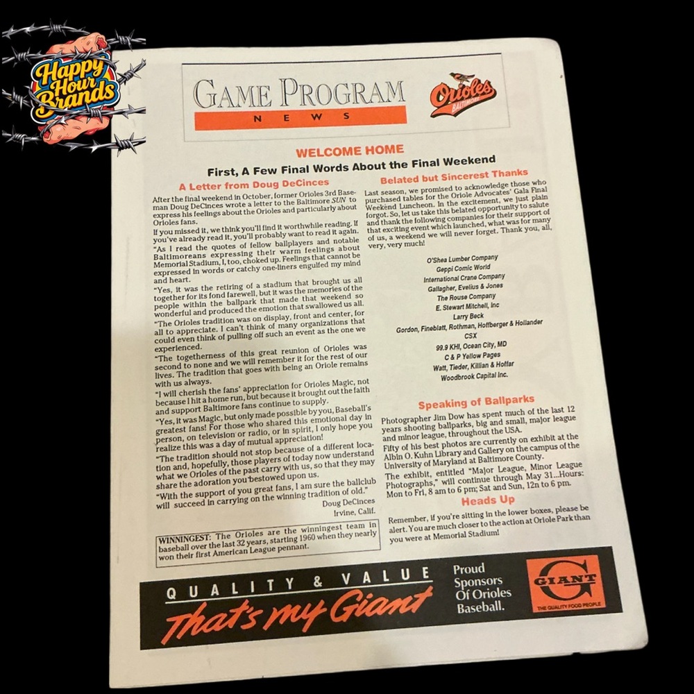 1991 Baltimore Orioles Game Program News Insert Final Weekend